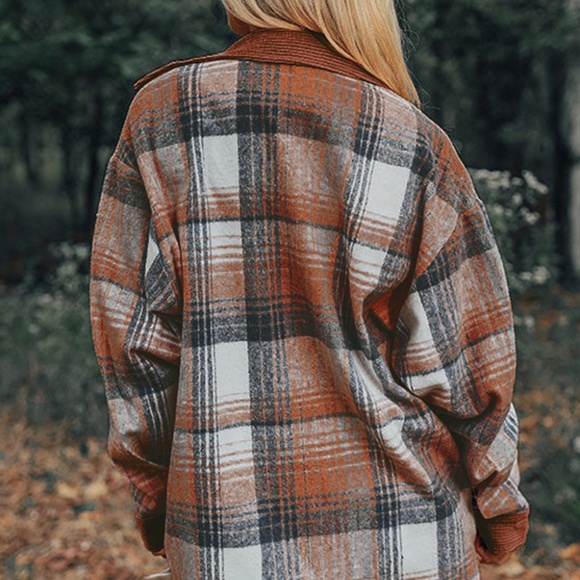 B184 Cinnamon Plaid Corduroy Check Pocket Shacket - Picture 3 of 3